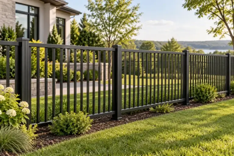 Black aluminum picket fence with flat-top panels and square posts