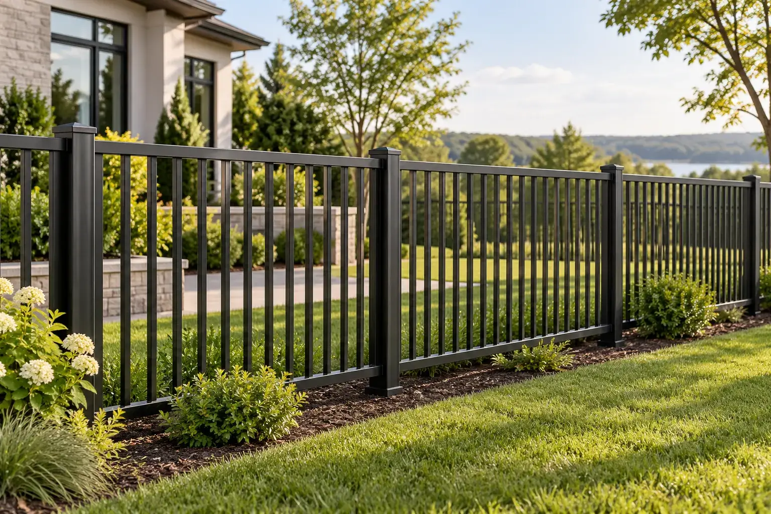Black aluminum picket fence with flat-top panels and square posts