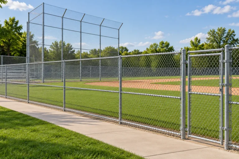 Chain link fencing and backstop around an empty baseball field