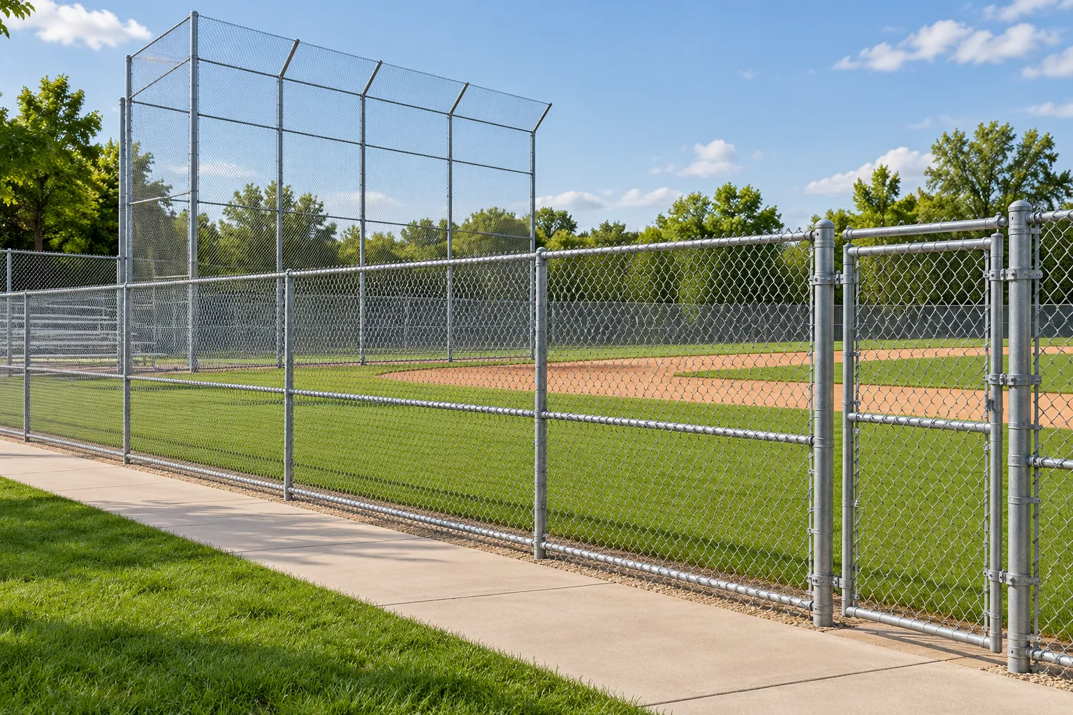 Chain link fencing and backstop around an empty baseball field