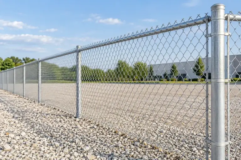 Galvanized chain link fence with diamond wire mesh, round posts and top rail