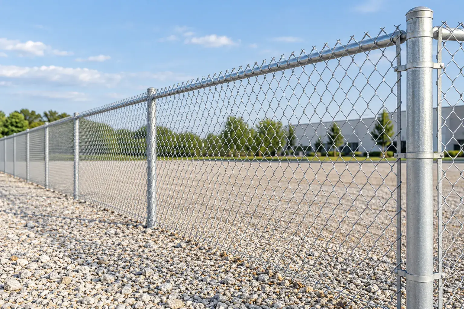 Galvanized chain link fence with diamond wire mesh, round posts and top rail