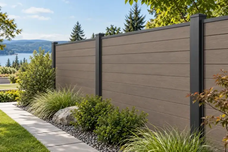 Horizontal composite fence boards between charcoal metal posts