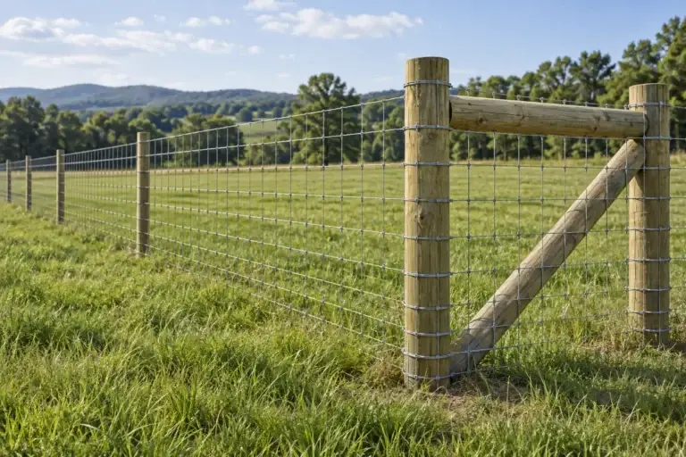 Woven-wire pasture fence supported by timber posts and corner bracing