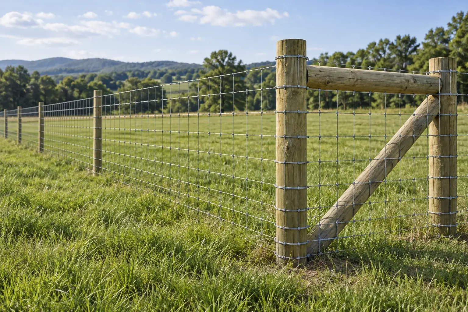 Woven-wire pasture fence supported by timber posts and corner bracing