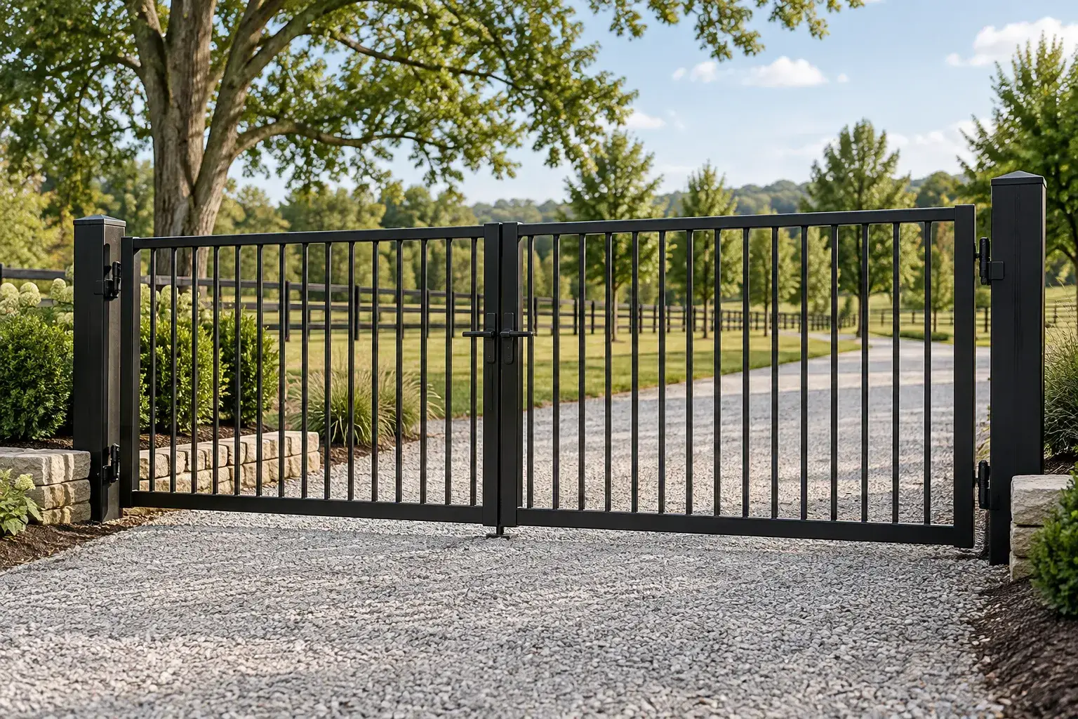 Black double-swing driveway gate with matching posts and hardware