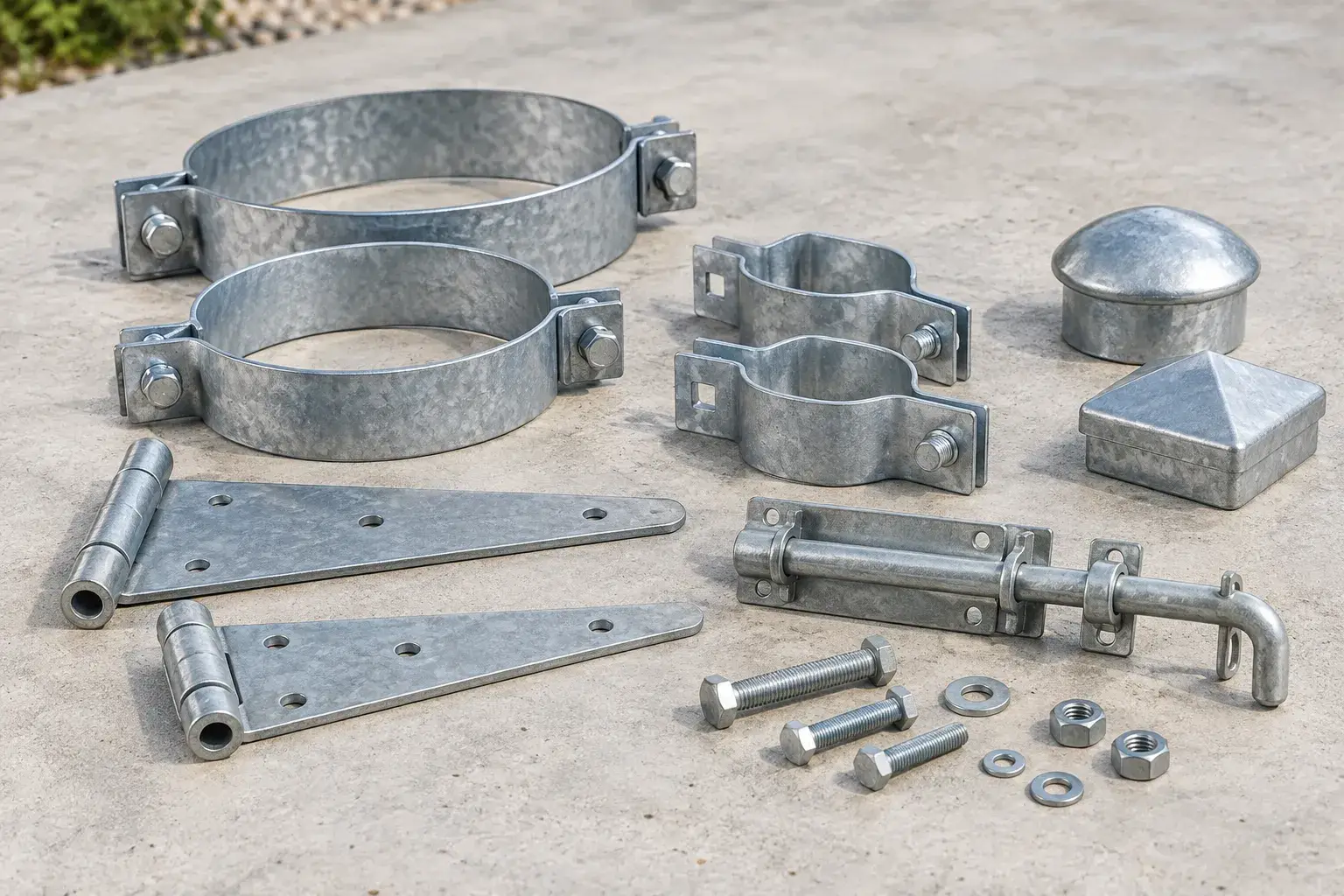Galvanized fence bands, post caps, bolts, hinges and latch hardware
