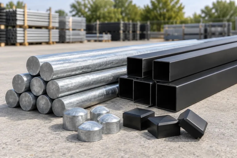 Galvanized round and black square fence posts with matching caps
