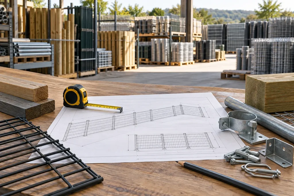 Fence layout drawings, tape measure, fittings and material samples on a planning desk