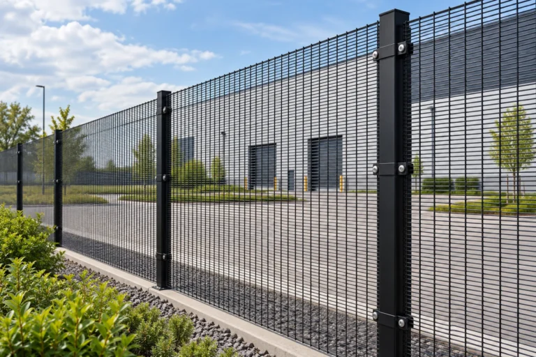 Rigid welded-wire security mesh panels attached to square metal posts