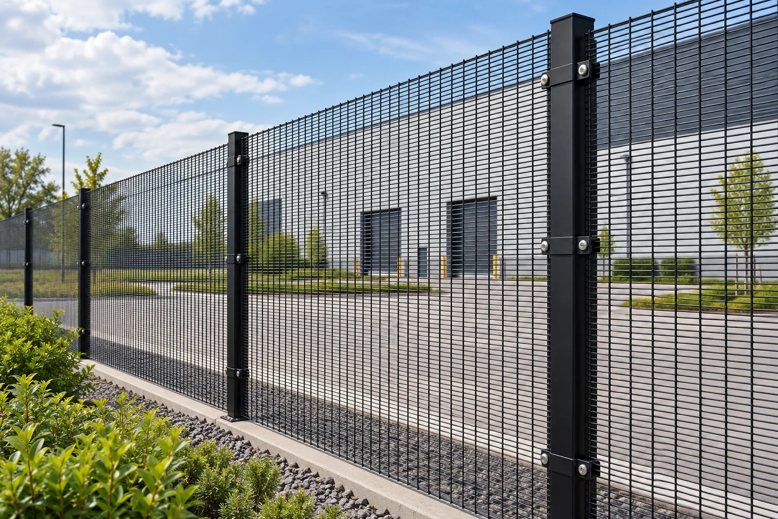 Rigid welded-wire security mesh panels attached to square metal posts