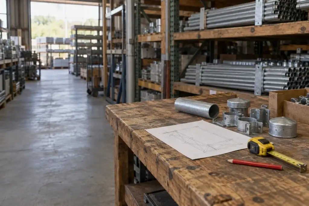 Fence layout drawing, tape measure and galvanized fittings on a warehouse workbench