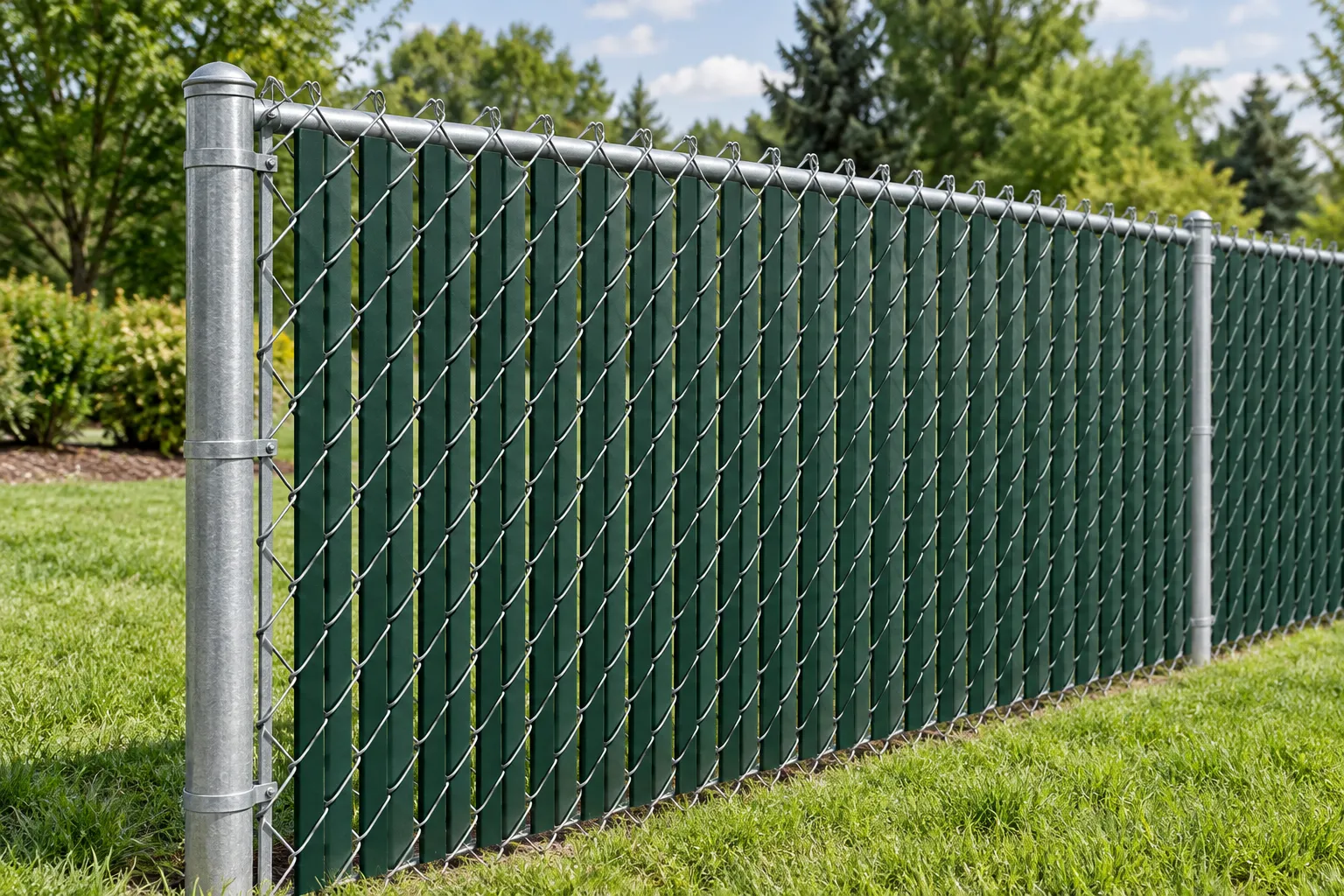 Dark green privacy slats fitted through a chain link fence