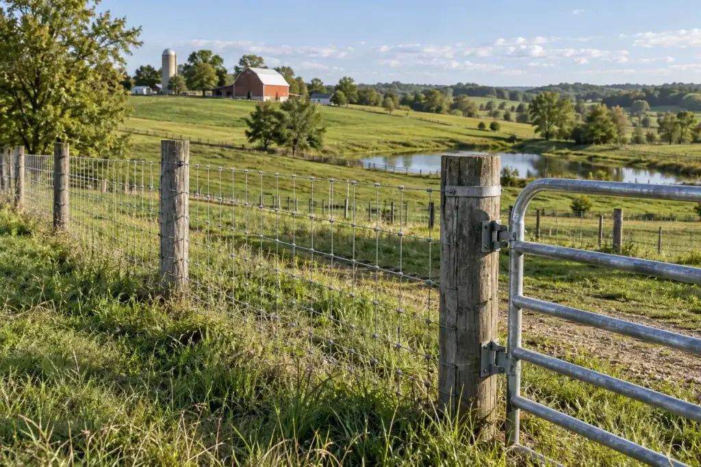 Woven wire fencing and farm gate in a Midwestern pasture
