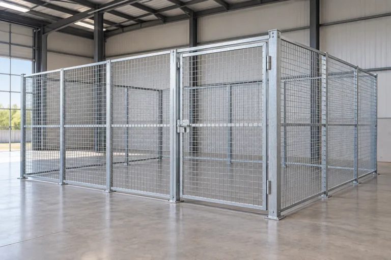 Wire mesh storage enclosure and hinged access door inside a warehouse