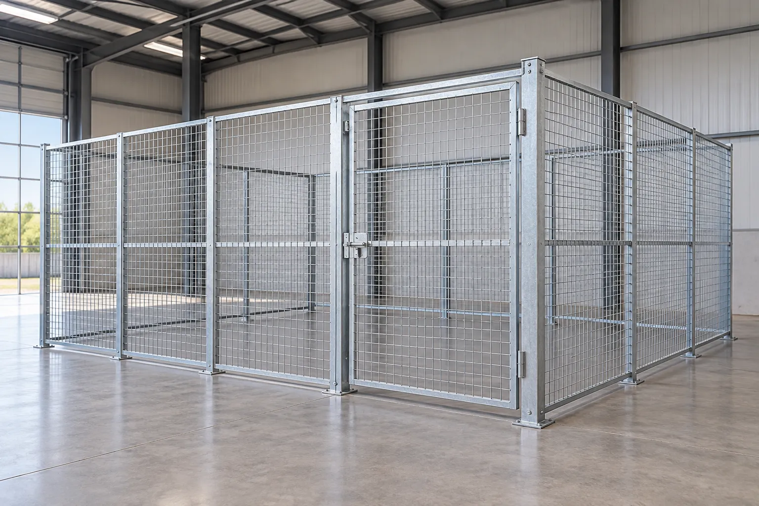 Wire mesh storage enclosure and hinged access door inside a warehouse