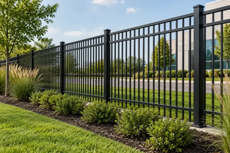Black ornamental steel picket fence bordering a landscaped property