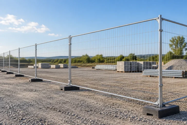 Galvanized temporary fence panels on weighted bases at a construction site