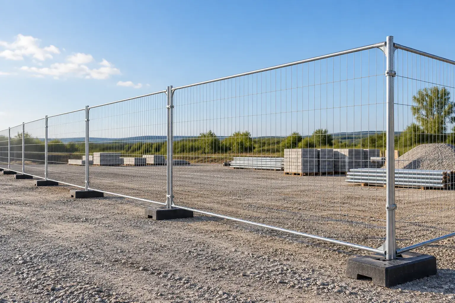 Galvanized temporary fence panels on weighted bases at a construction site