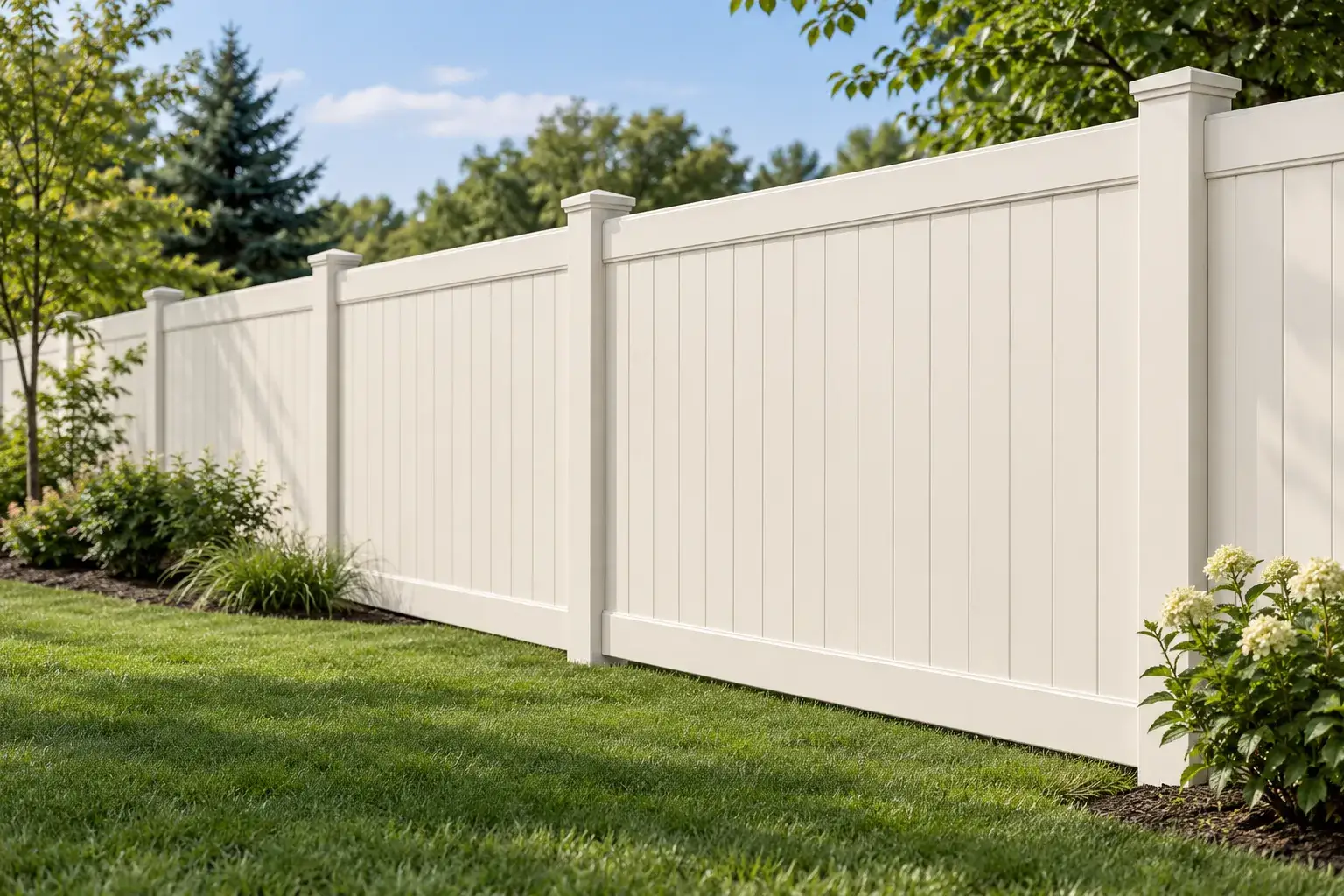 White vinyl privacy fence with vertical infill panels and capped posts