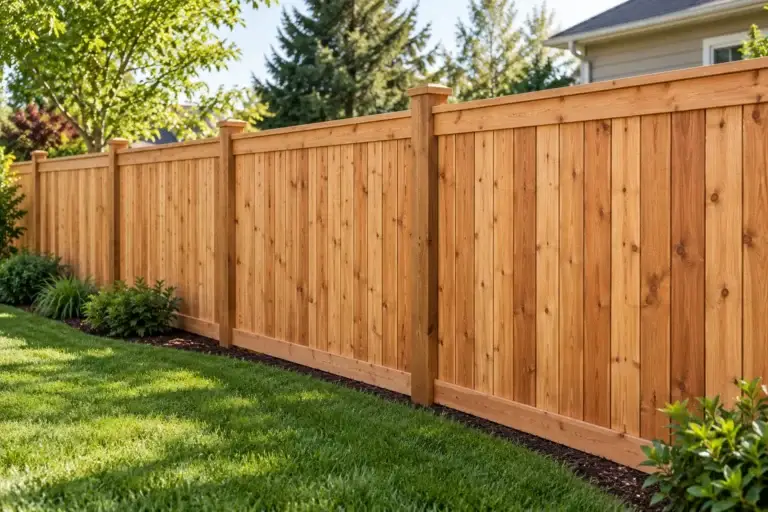 Natural wood privacy fence with vertical boards and matching posts